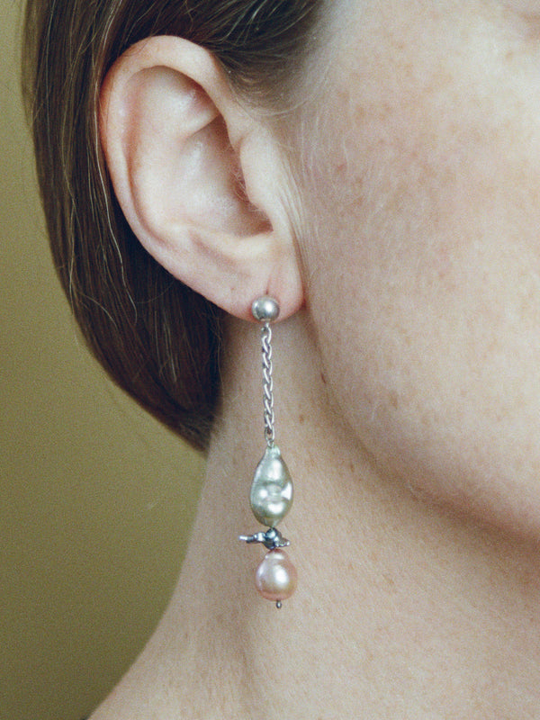 One of a kind Pearl and Wheat Chain Earrings